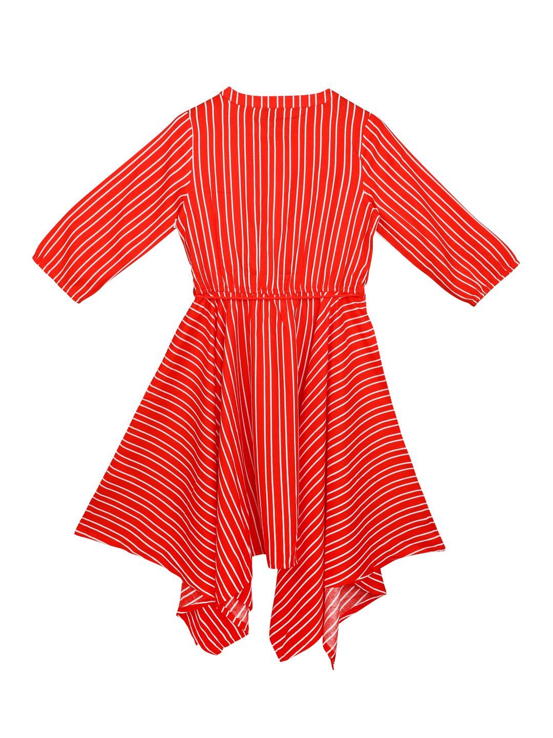 Ishin Girls Rayon Red Striped Print Flared Dress