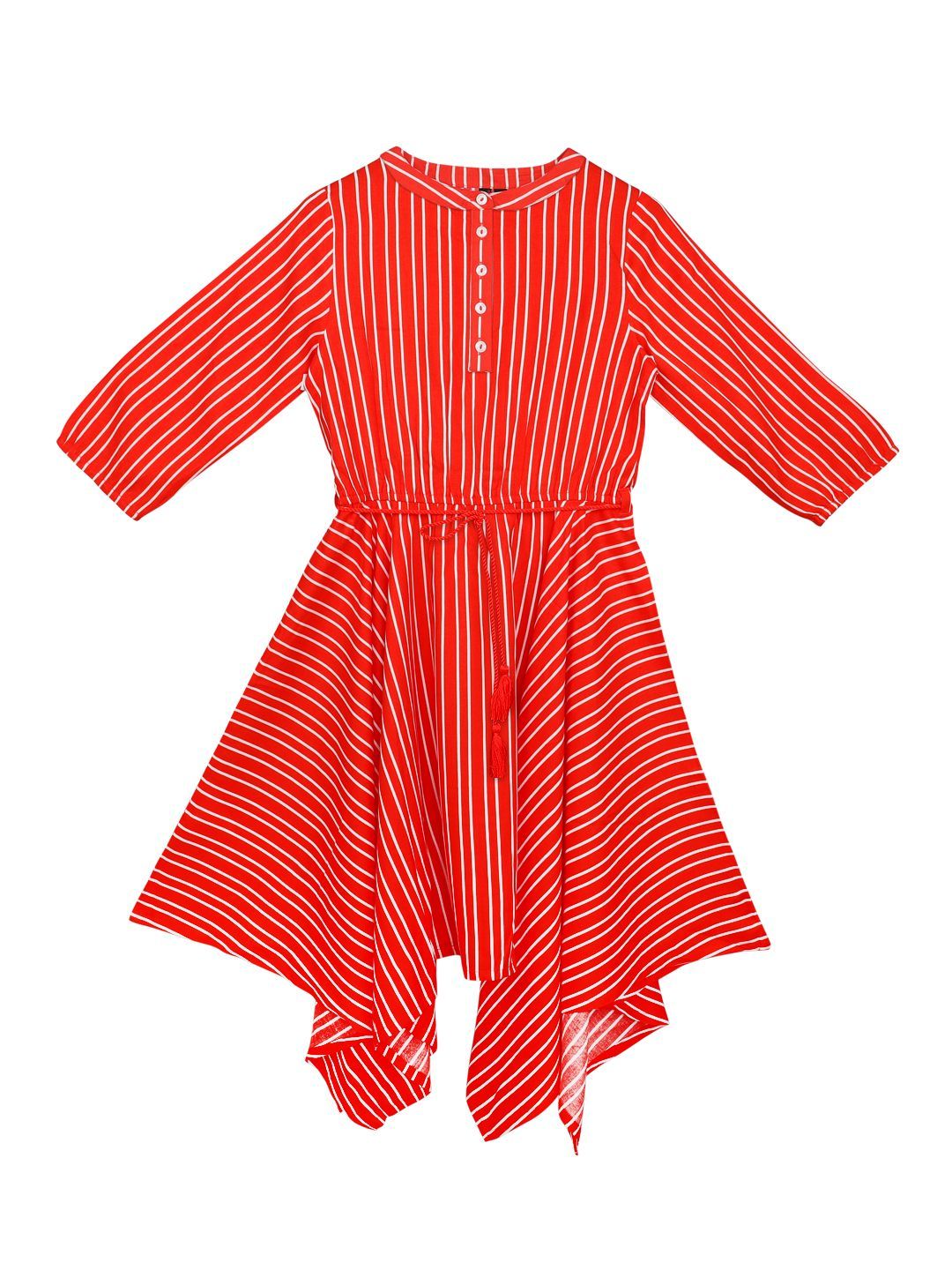 Ishin Girls Rayon Red Striped Print Flared Dress