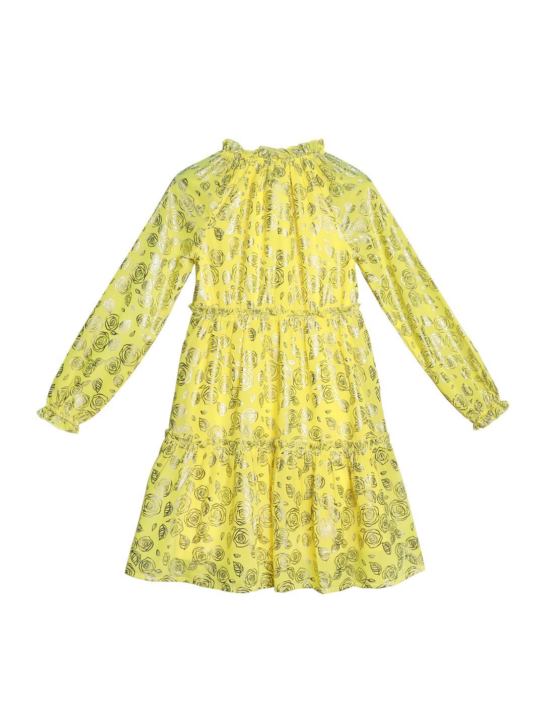 Ishin Girls Polyester Yellow Foil Printed Flared Dress