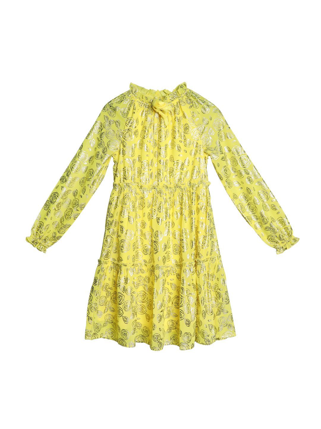 Ishin Girls Polyester Yellow Foil Printed Flared Dress