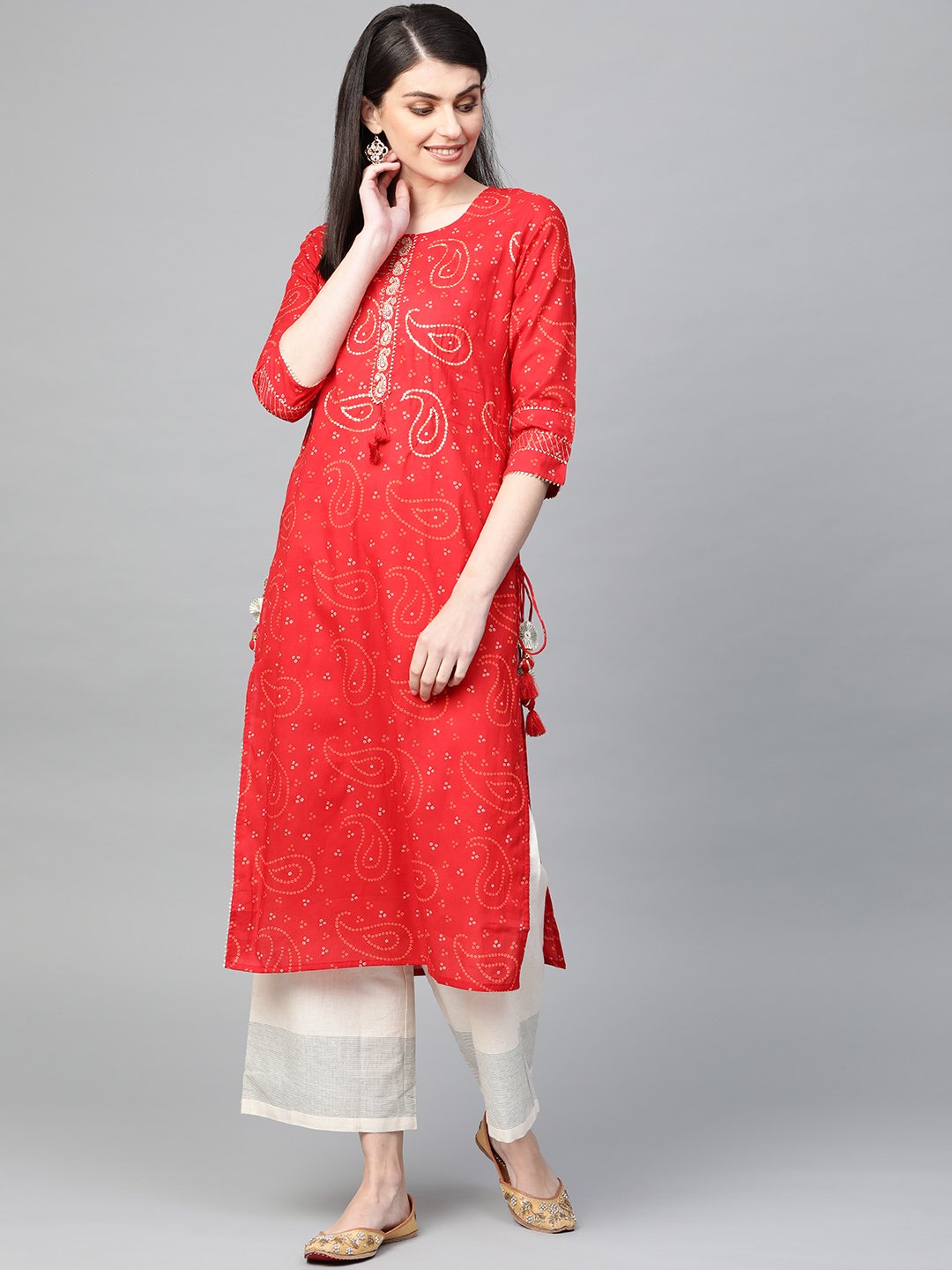 Ishin Women's Cotton Red Embellished A-Line Kurta