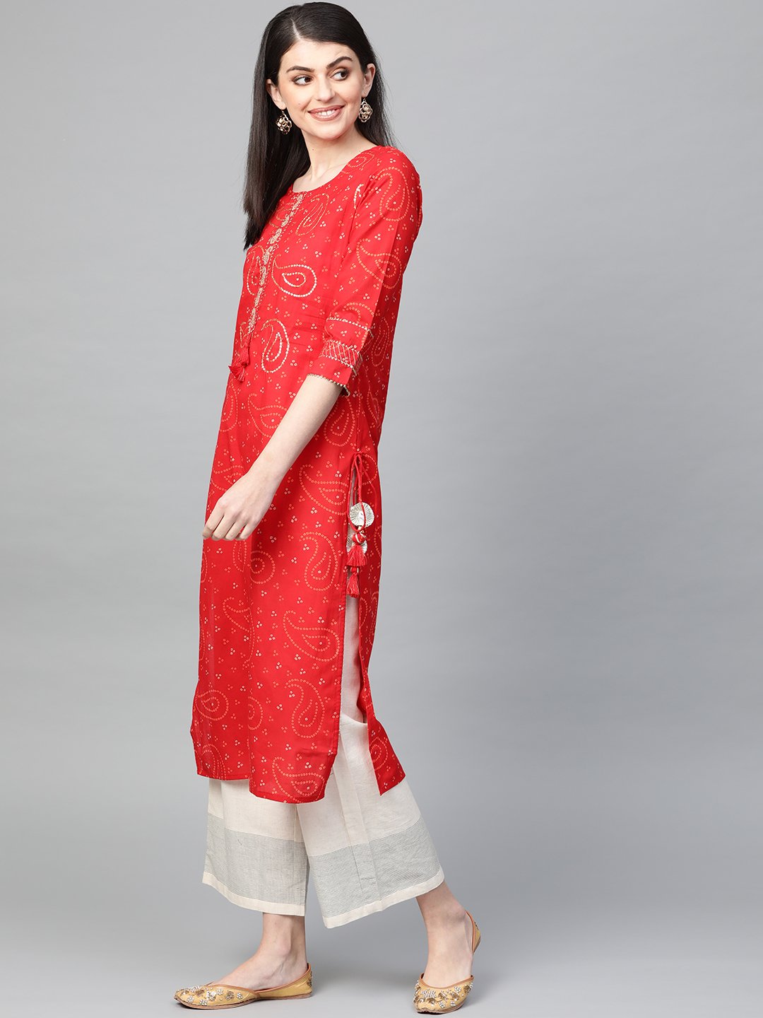 Ishin Women's Cotton Red Embellished A-Line Kurta