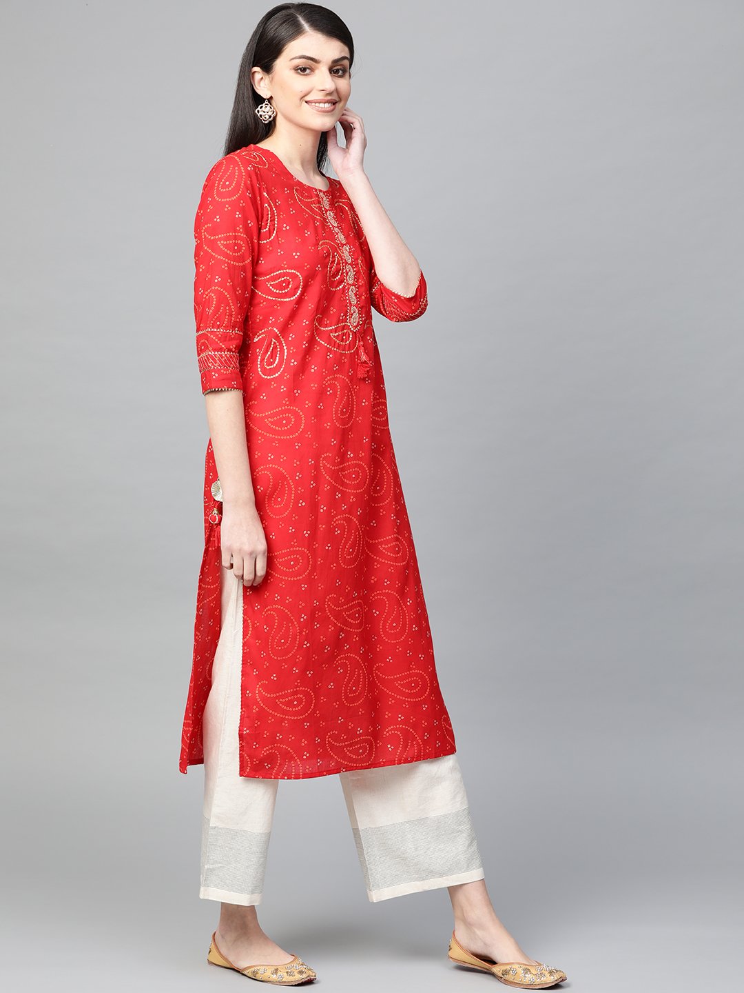 Ishin Women's Cotton Red Embellished A-Line Kurta