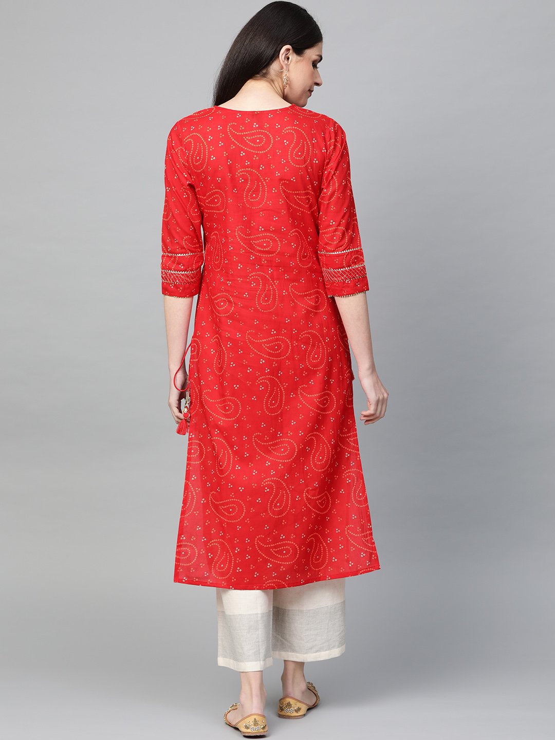 Ishin Women's Cotton Red Embellished A-Line Kurta