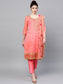 Ishin Women's Chanderi Silk Pink Embroidered A-Line Kurta With Trouser & Dupatta