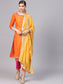 Ishin Women's Poly Cotton Orange Embroidered A-Line Kurta With Trouser & Dupatta