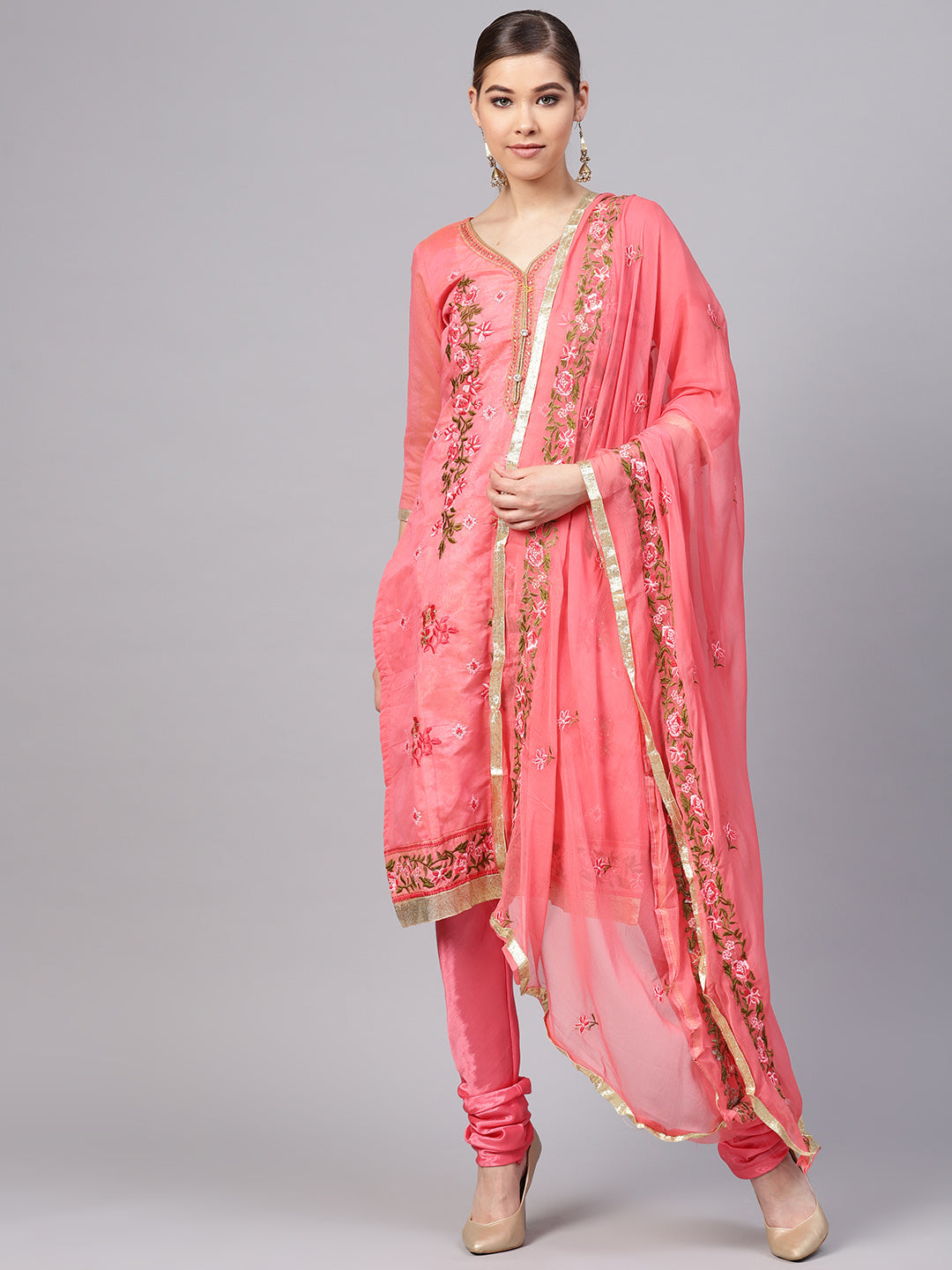 Ishin Women's Chanderi Silk Pink Embroidered A-Line Kurta With Churidar & Dupatta