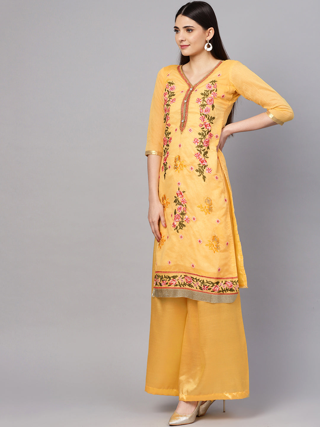 Ishin Women's Chanderi Silk Yellow Embroidered A-Line Kurta With Palazzo & Dupatta