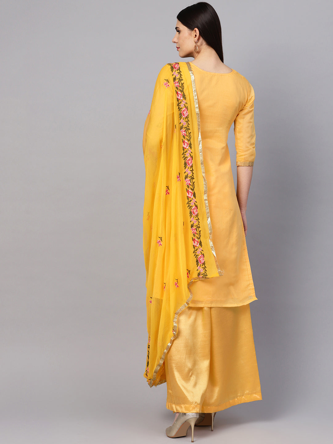Ishin Women's Chanderi Silk Yellow Embroidered A-Line Kurta With Palazzo & Dupatta