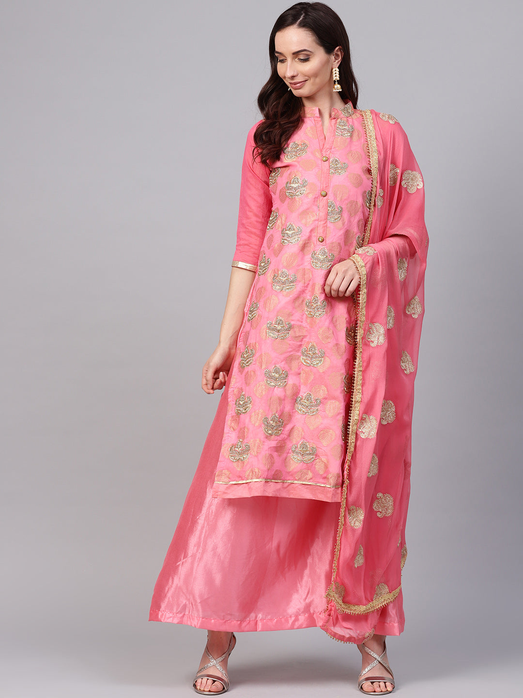 Ishin Women's Chanderi Silk Pink Embroidered A-Line Kurta With Skirt & Dupatta