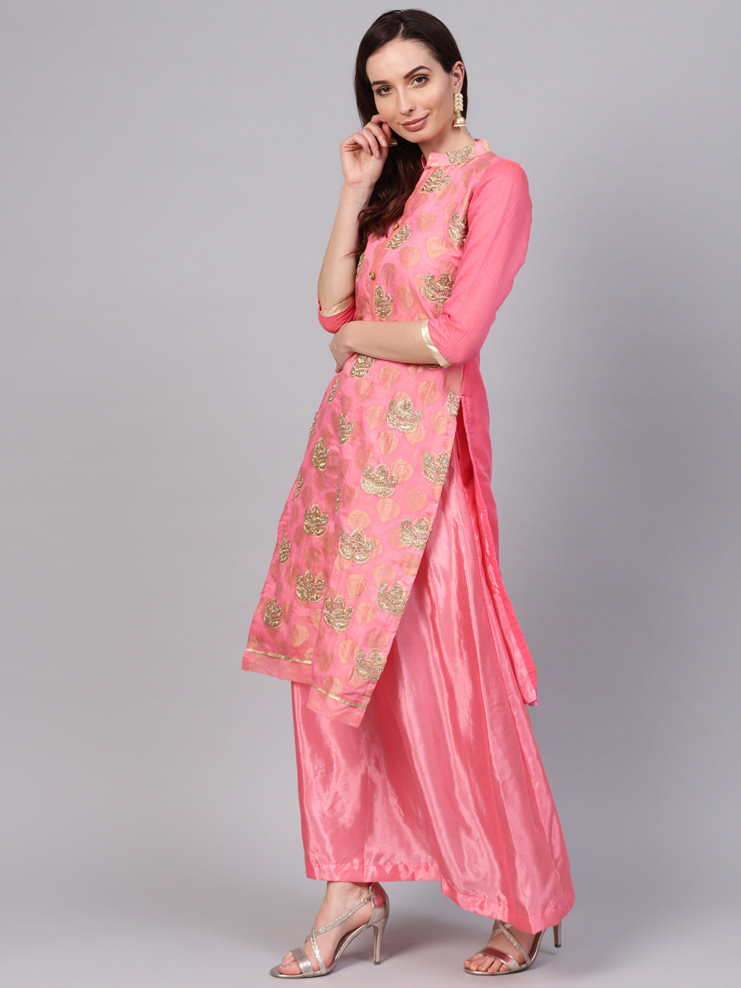 Ishin Women's Chanderi Silk Pink Embroidered A-Line Kurta With Skirt & Dupatta