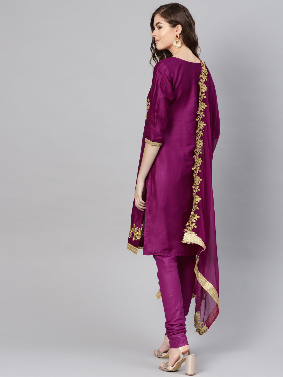 Ishin Women's Poly Cotton Purple Embroidered A-Line Kurta With Churidar & Dupatta