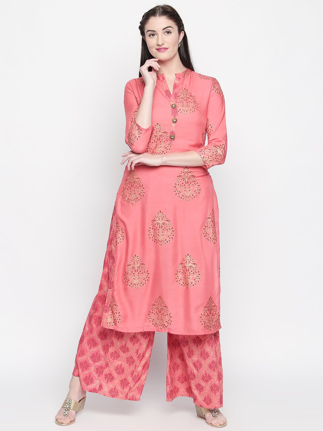 Ishin Women's Rayon Pink Printed A-Line Kurta Palazzo Set