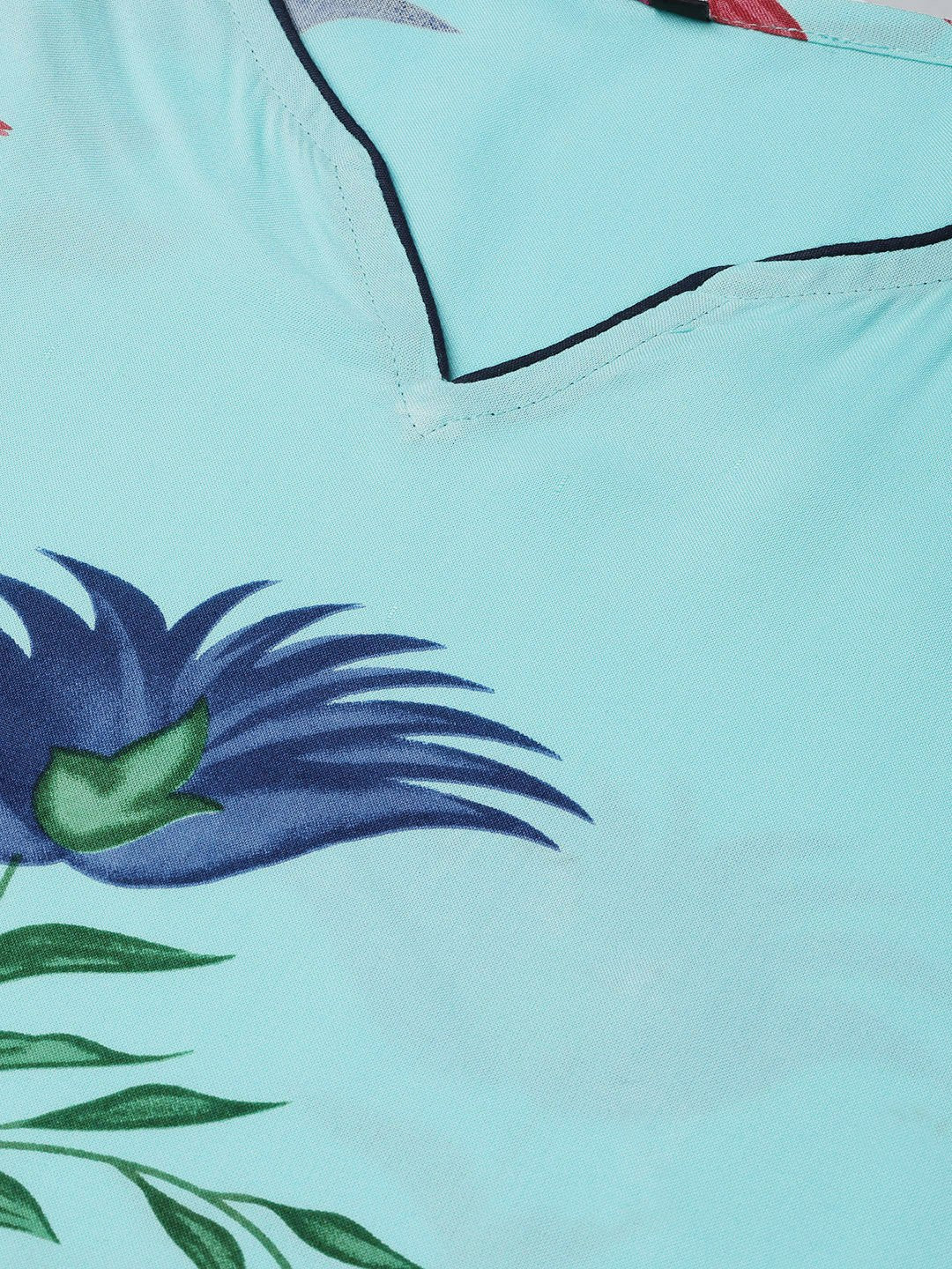 Ishin Women's Rayon Blue & Navy Blue Printed Anarkali Kurta Palazzo Dupatta Set