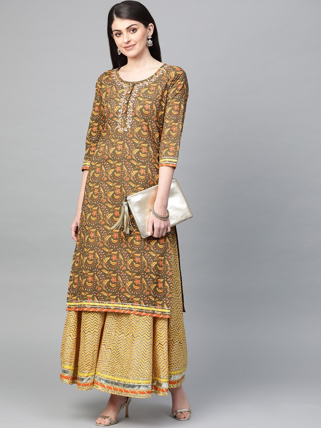 Ishin Women's Cotton Mehndi Green & Yellow Printed Gota Patti A-Line Kurta Sharara Set