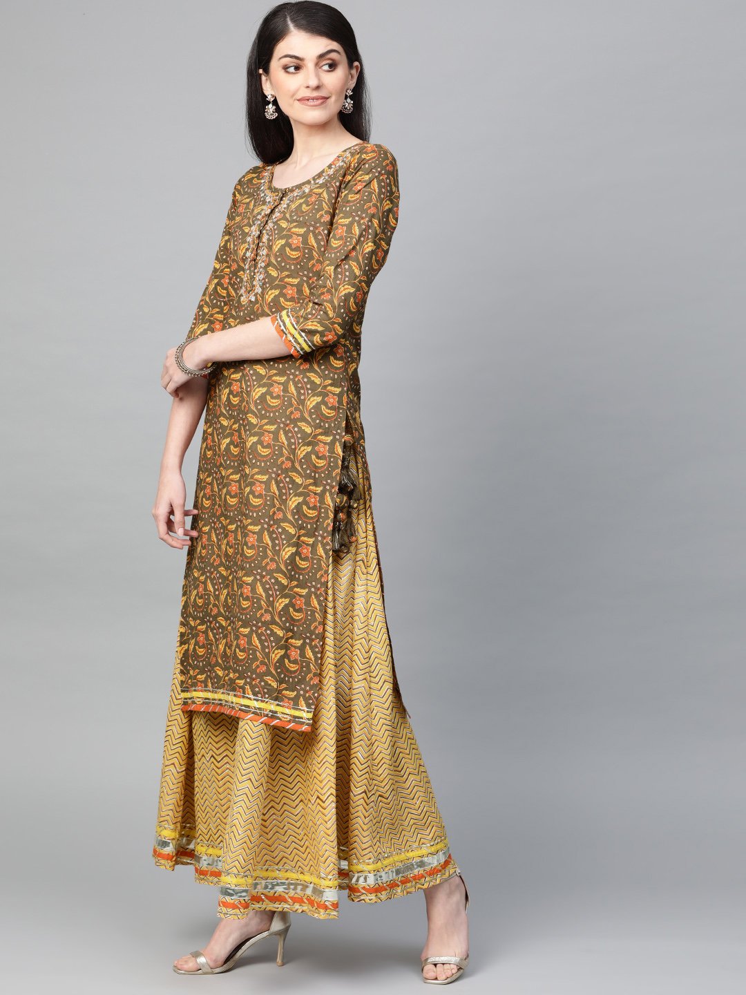Ishin Women's Cotton Yellow Printed Gota Patti A-Line Kurta Sharara Set
