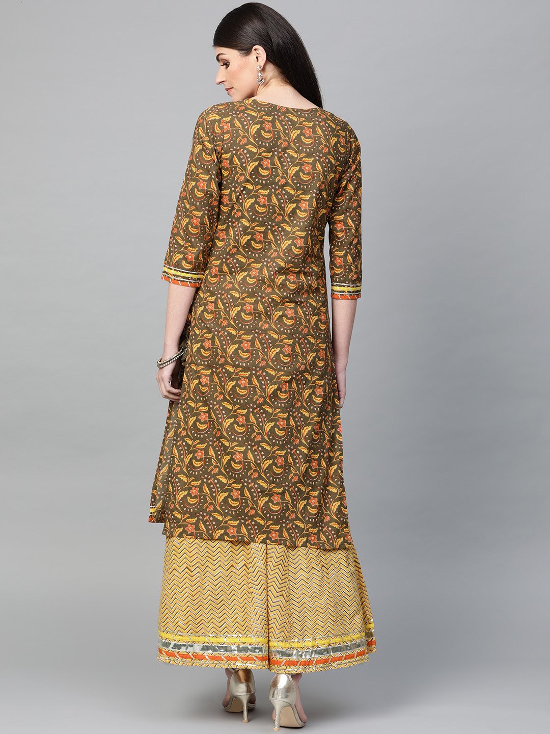 Ishin Women's Cotton Mehndi Green & Yellow Printed Gota Patti A-Line Kurta Sharara Set
