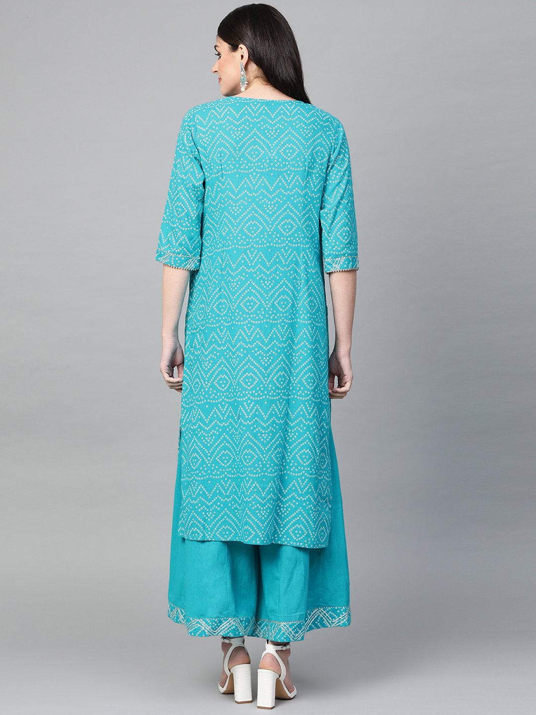 Ishin Women's Cotton Blue Bandhani Print A-Line Kurta Palazzo Set