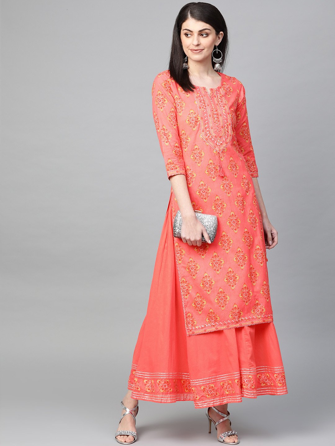 Ishin Women's Cotton Peach Printed Gota Patti A-Line Kurta Palazzo Set
