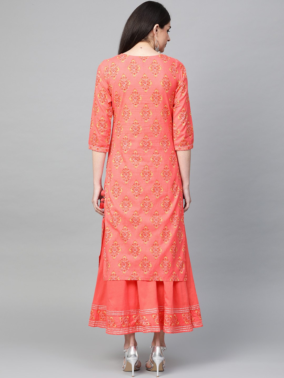 Ishin Women's Cotton Peach Printed Gota Patti A-Line Kurta Palazzo Set
