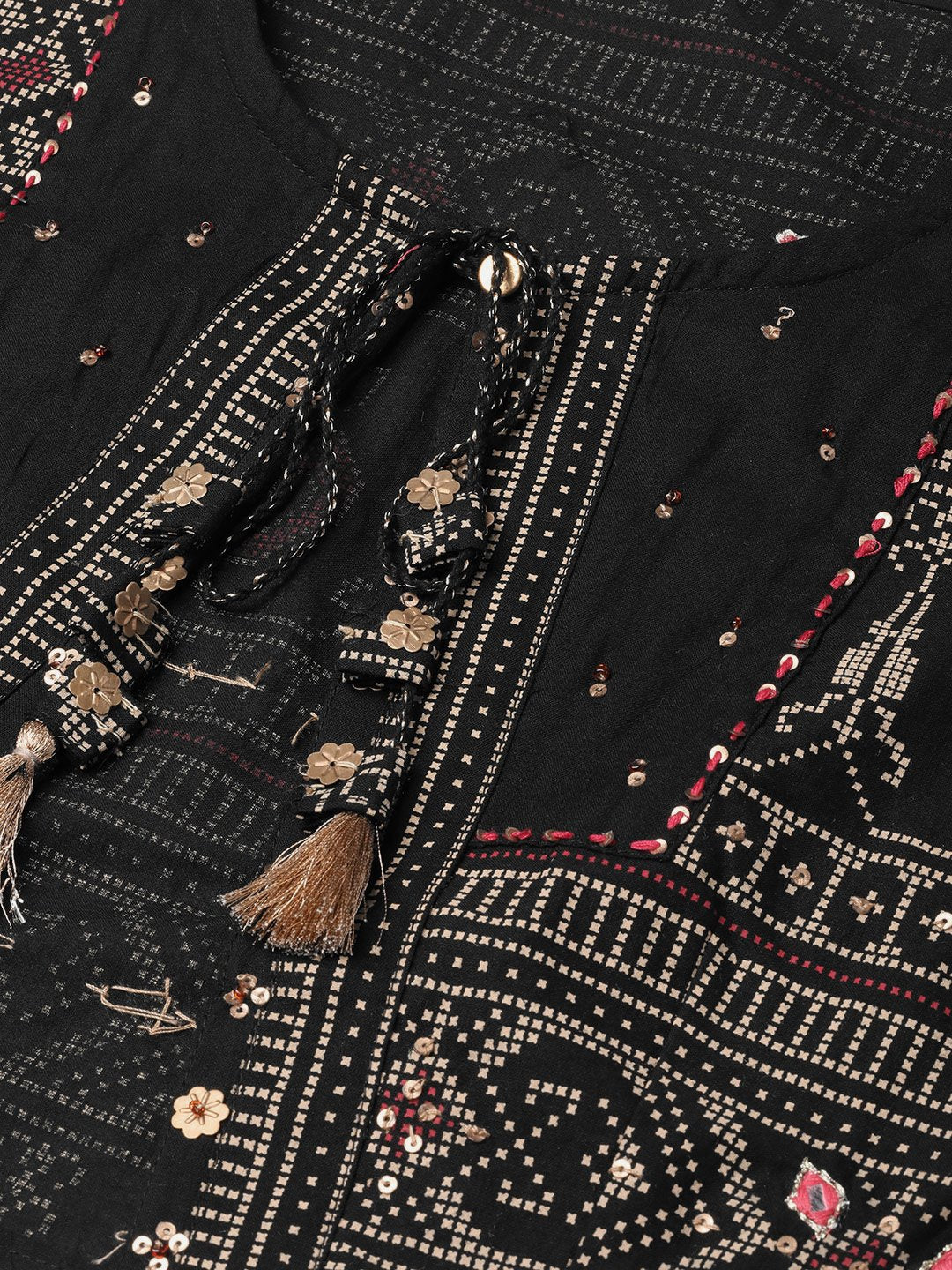 Ishin Women's Cotton Black Embellished A-Line Kurta Trouser Set With Jacket
