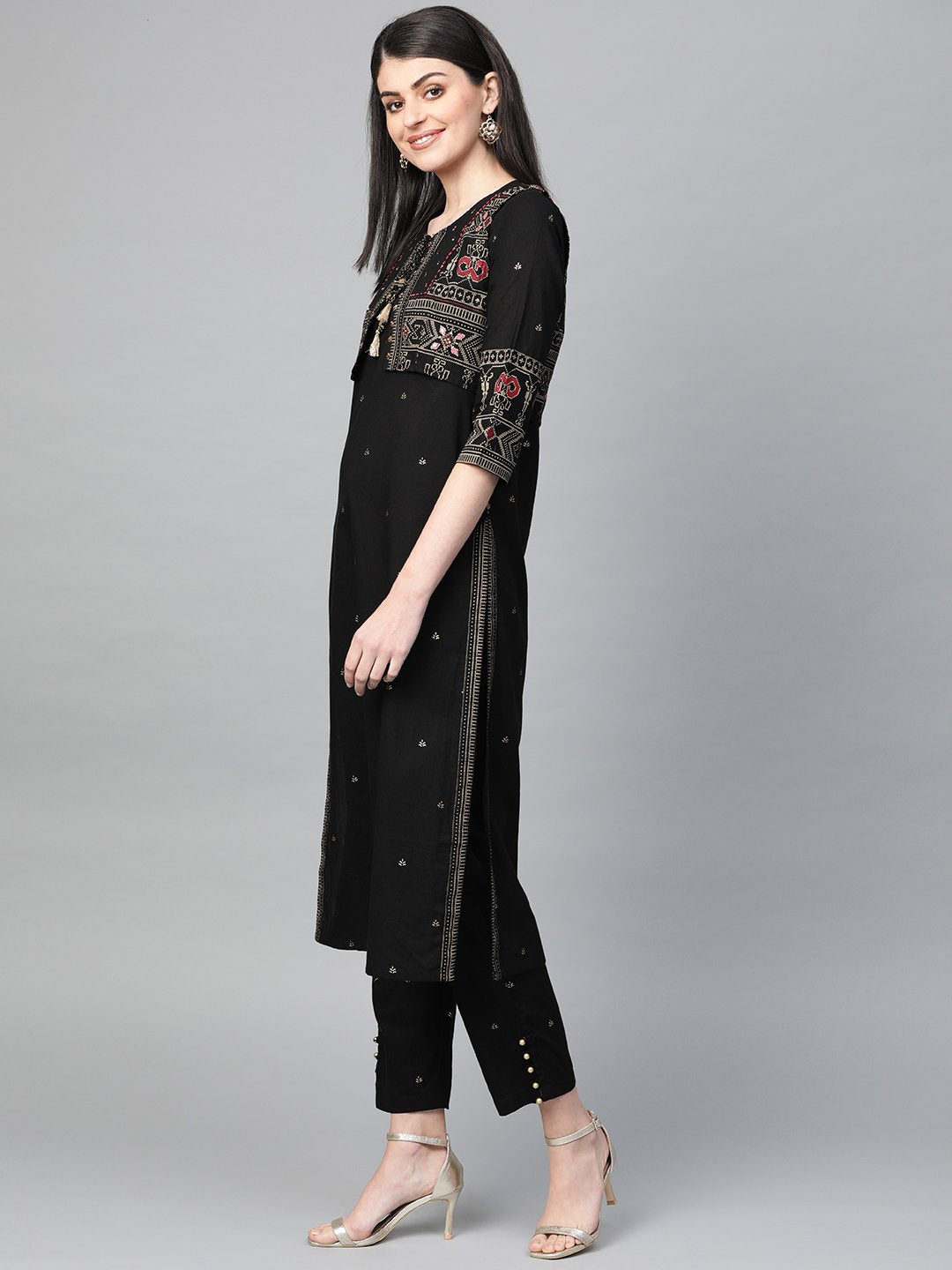 Black Embellished Kurta Set With Jacket