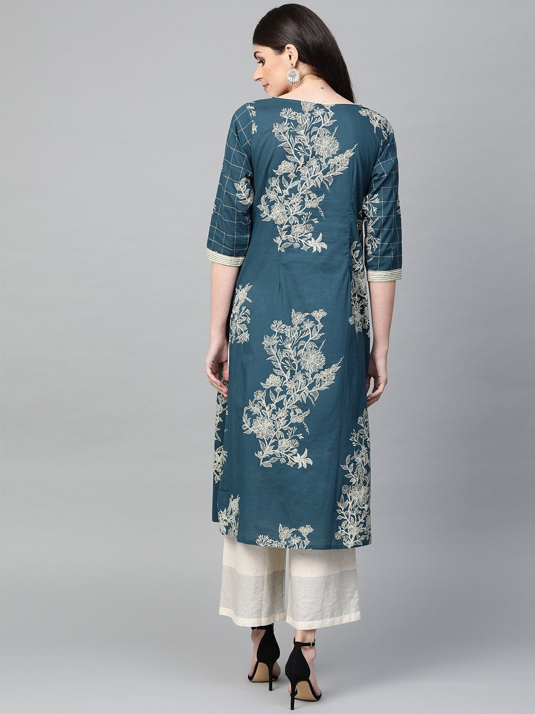 Ishin Women's Cotton Turquoise Blue Printed A-Line Kurta