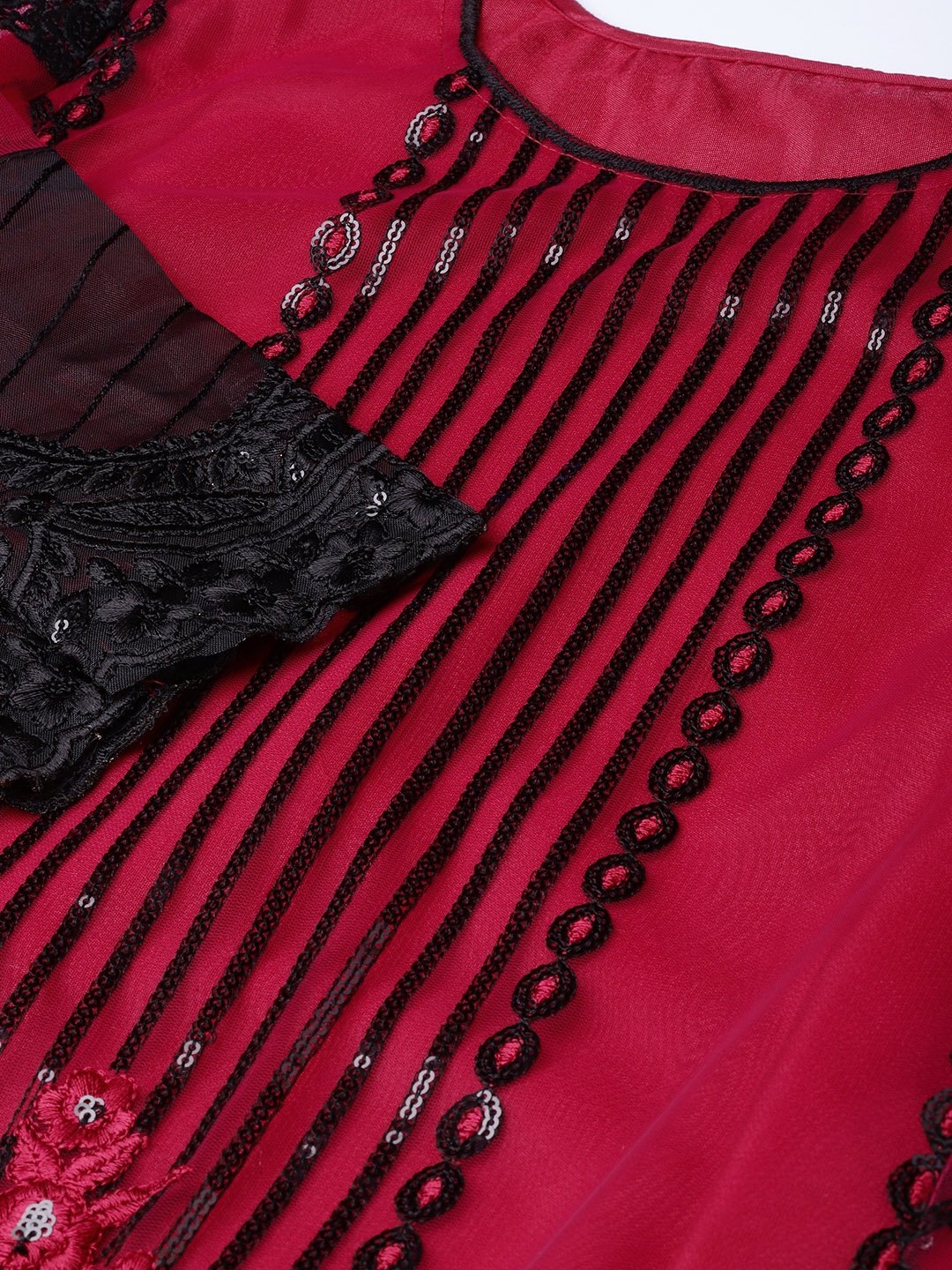 Ishin Women's Net Burgundy Embroidered A-Line Kurta Palazzo Dupatta Set