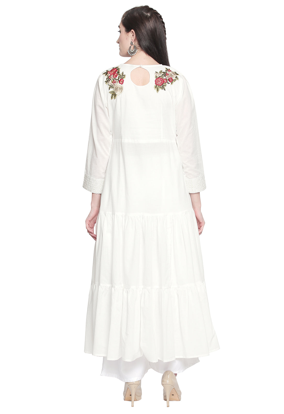 Ishin Women's Cotton White Embroidered Anarkali Kurta Palazzo Set