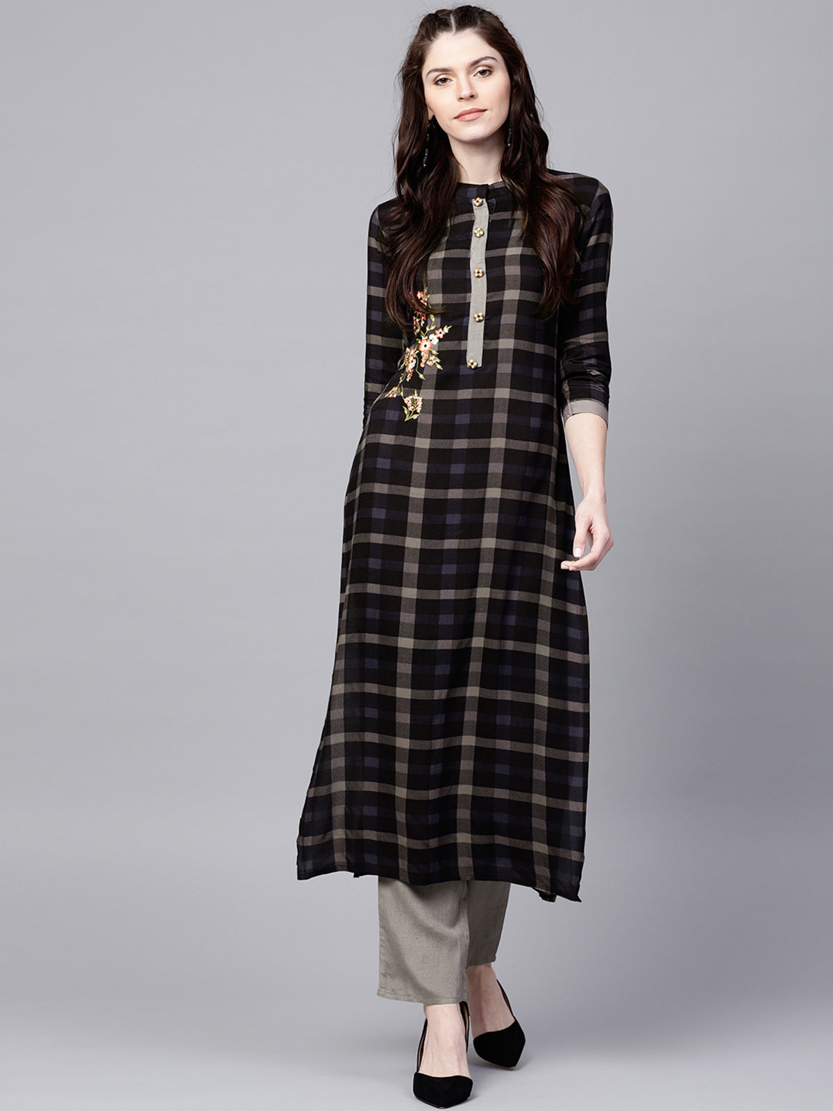 Ishin Women's Rayon Black Embroidered A-Line Kurta Palazzo Sets