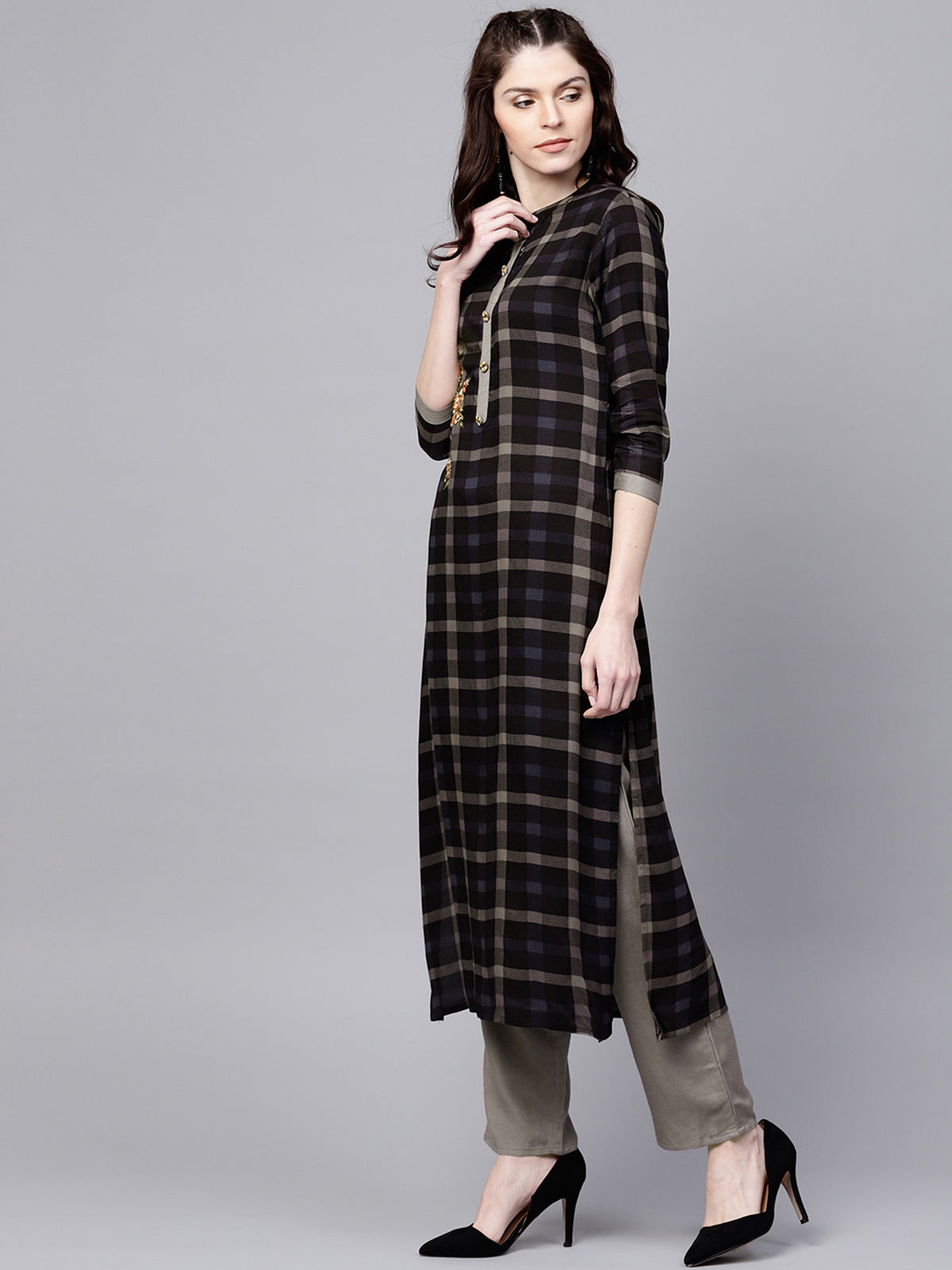 Ishin Women's Rayon Black Embroidered A-Line Kurta Palazzo Sets