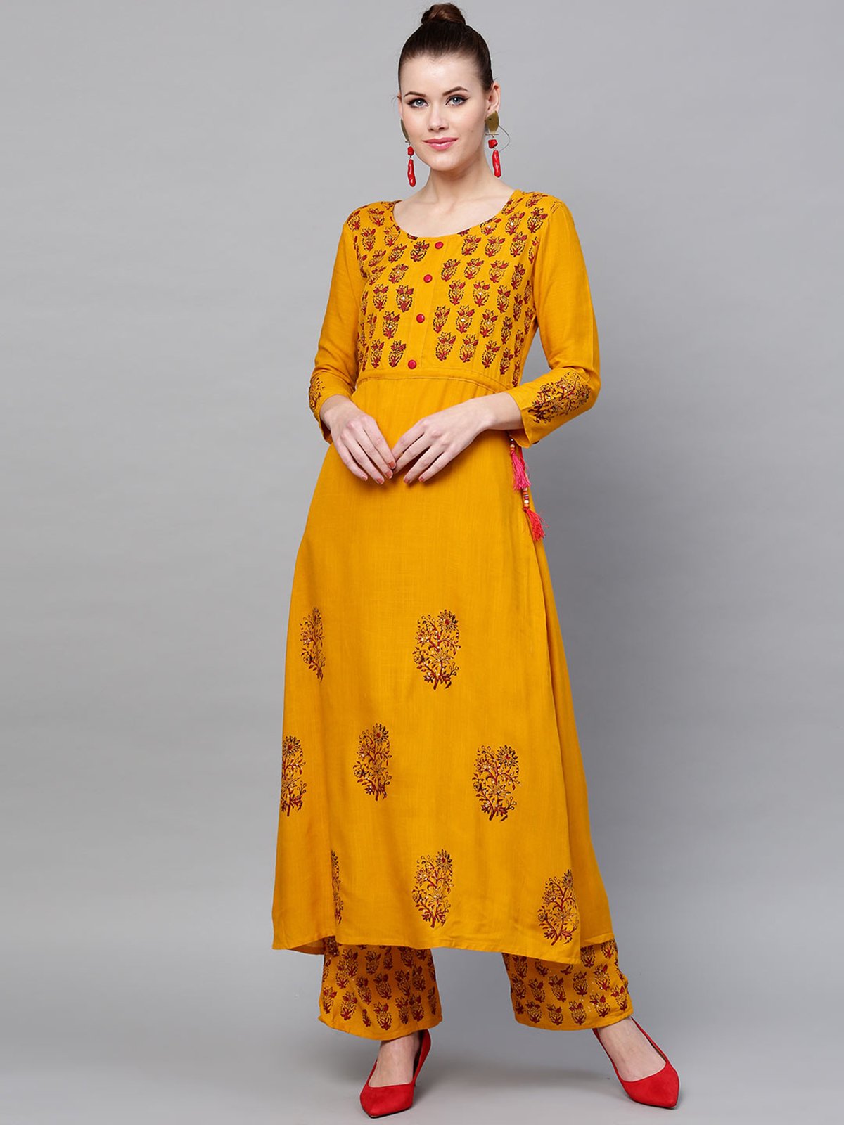 Ishin Women's Rayon Yellow Embellished Anarkali Kurta Palazzo Set