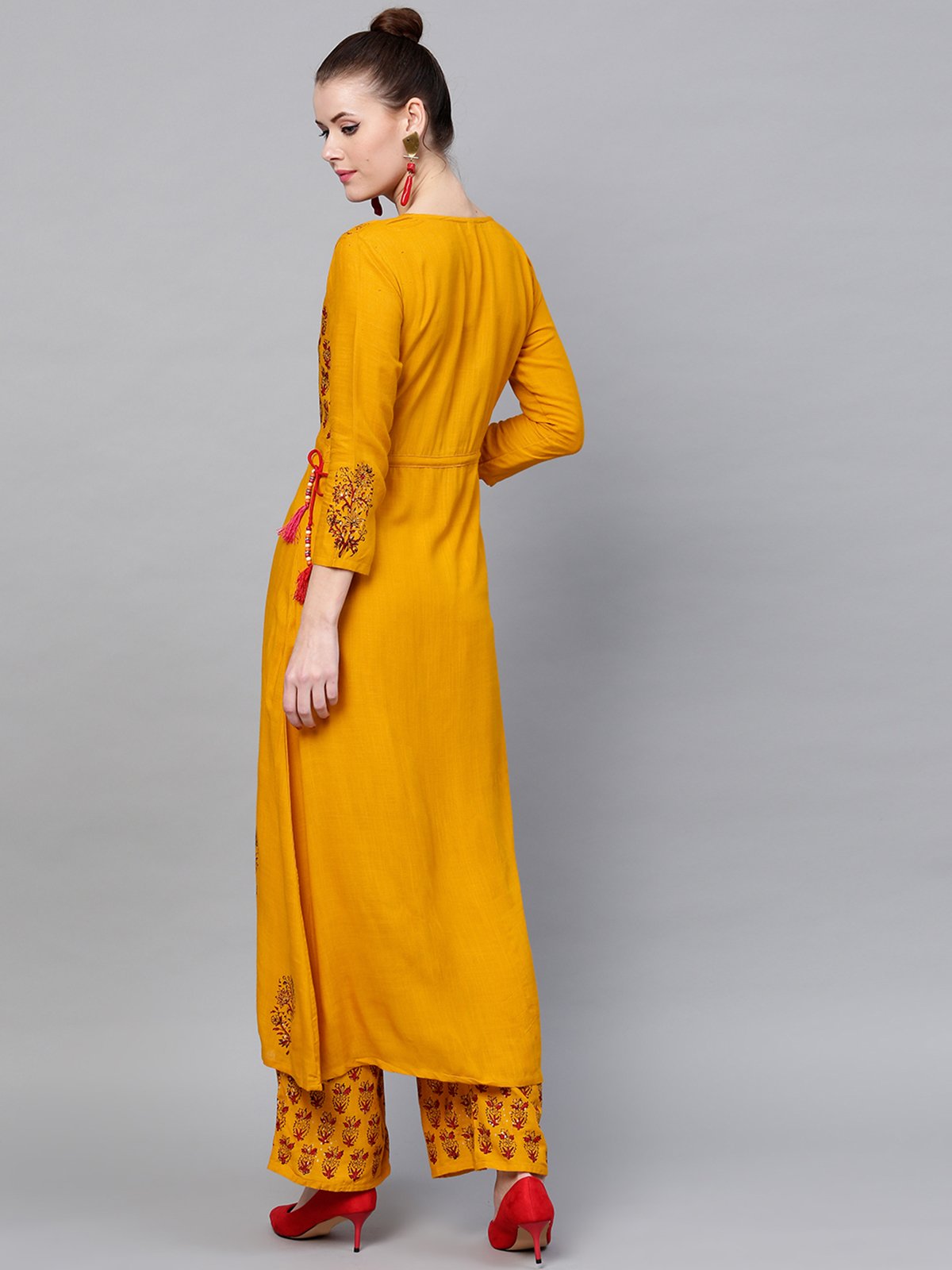 Ishin Women's Rayon Mustard Yellow Embellished Anarkali Kurta Palazzo Set