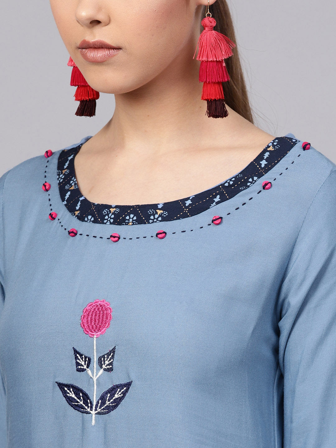 Ishin Women's Rayon Blue & Navy Blue Embroidered A-Line Kurta Sharara Set