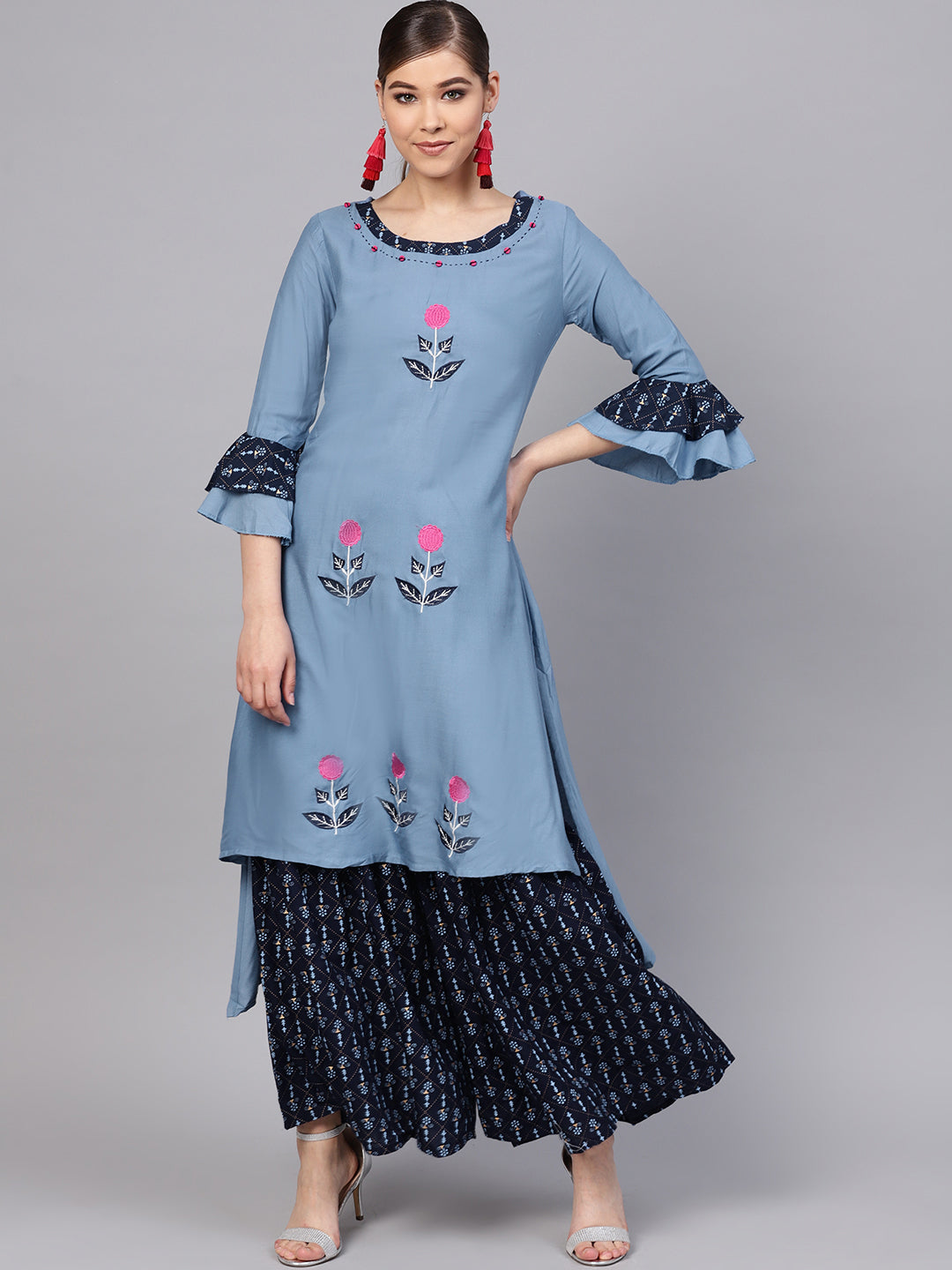 Ishin Women's Rayon Blue & Navy Blue Embroidered A-Line Kurta Sharara Set
