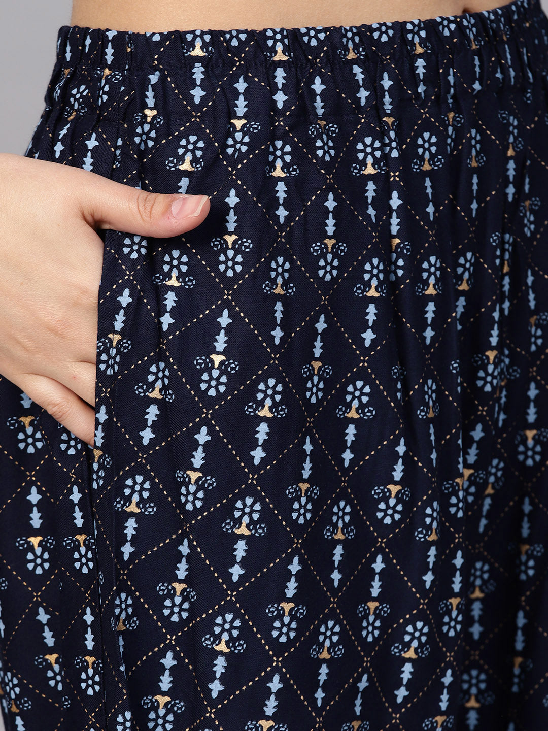 Ishin Women's Rayon Blue & Navy Blue Embroidered A-Line Kurta Sharara Set