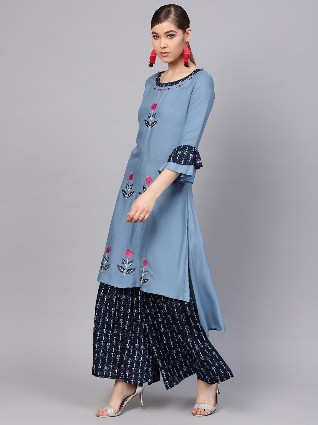 Ishin Women's Rayon Blue & Navy Blue Embroidered A-Line Kurta Sharara Set