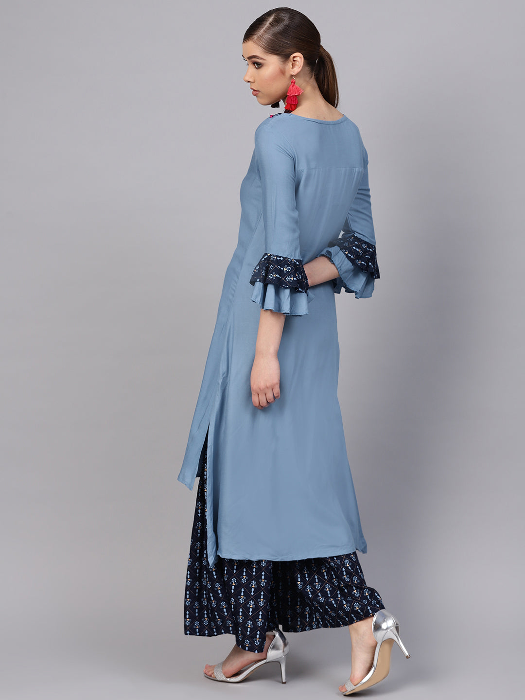 Ishin Women's Rayon Blue & Navy Blue Embroidered A-Line Kurta Sharara Set