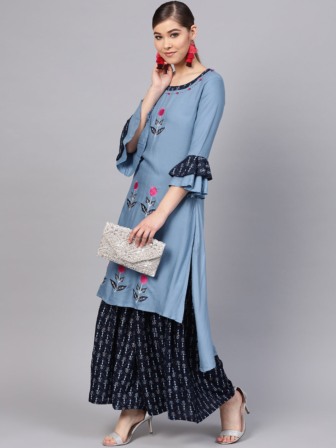 Ishin Women's Rayon Blue & Navy Blue Embroidered A-Line Kurta Sharara Set