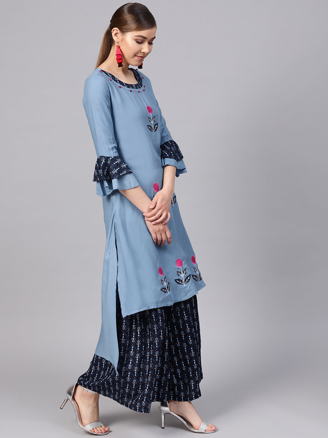Ishin Women's Rayon Blue & Navy Blue Embroidered A-Line Kurta Sharara Set