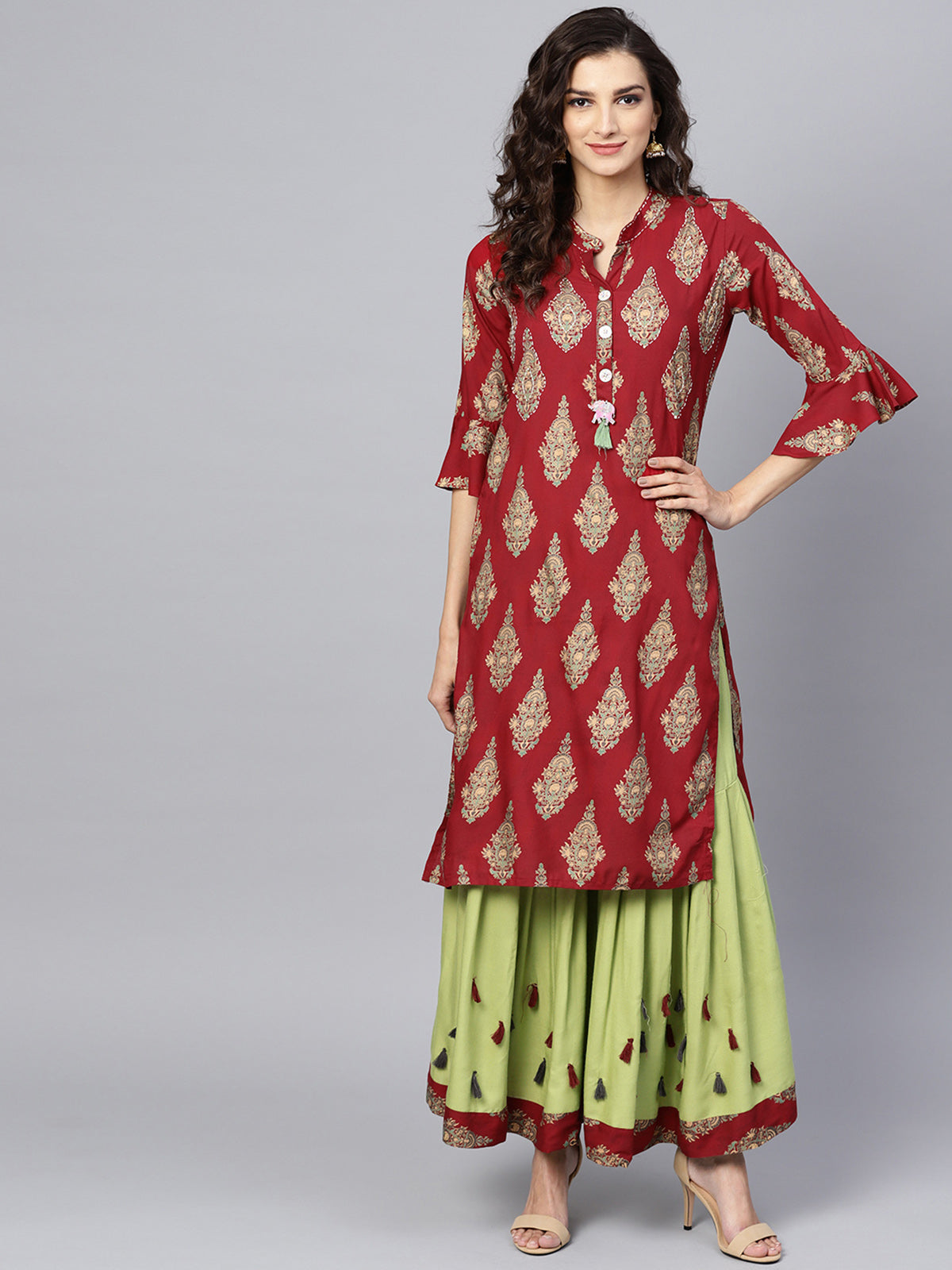 Ishin Women's Rayon Maroon & Green Embroidered A-Line Kurta Sharara Set