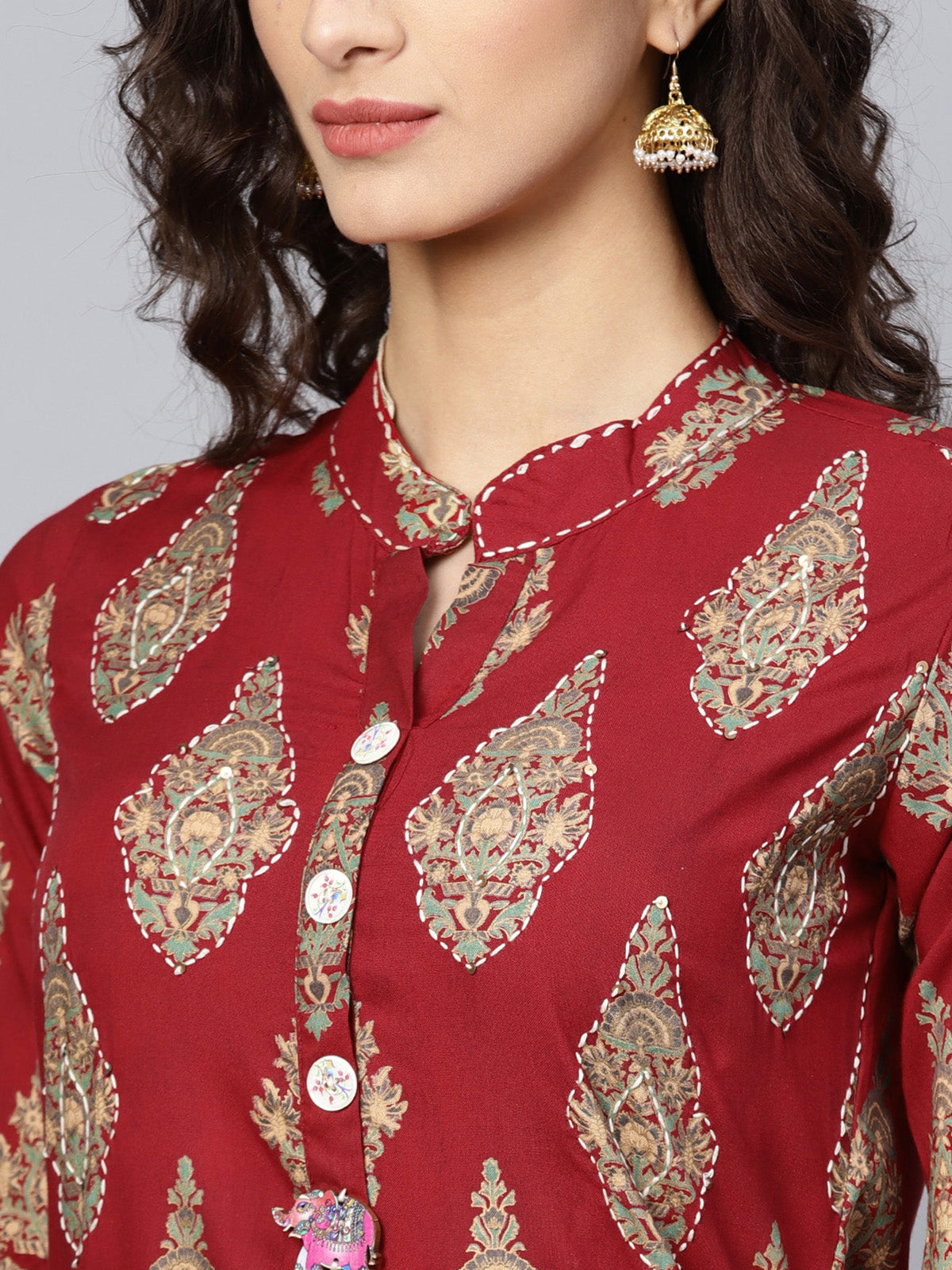 Ishin Women's Rayon Maroon & Green Embroidered A-Line Kurta Sharara Set