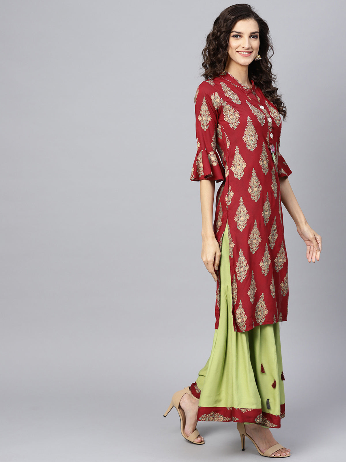 Ishin Women's Rayon Maroon & Green Embroidered A-Line Kurta Sharara Set