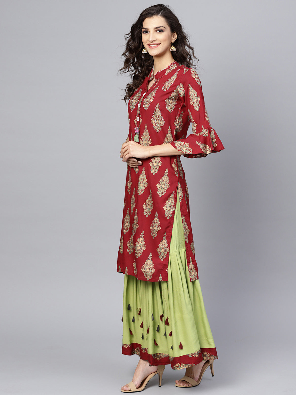 Ishin Women's Rayon Maroon & Green Embroidered A-Line Kurta Sharara Set