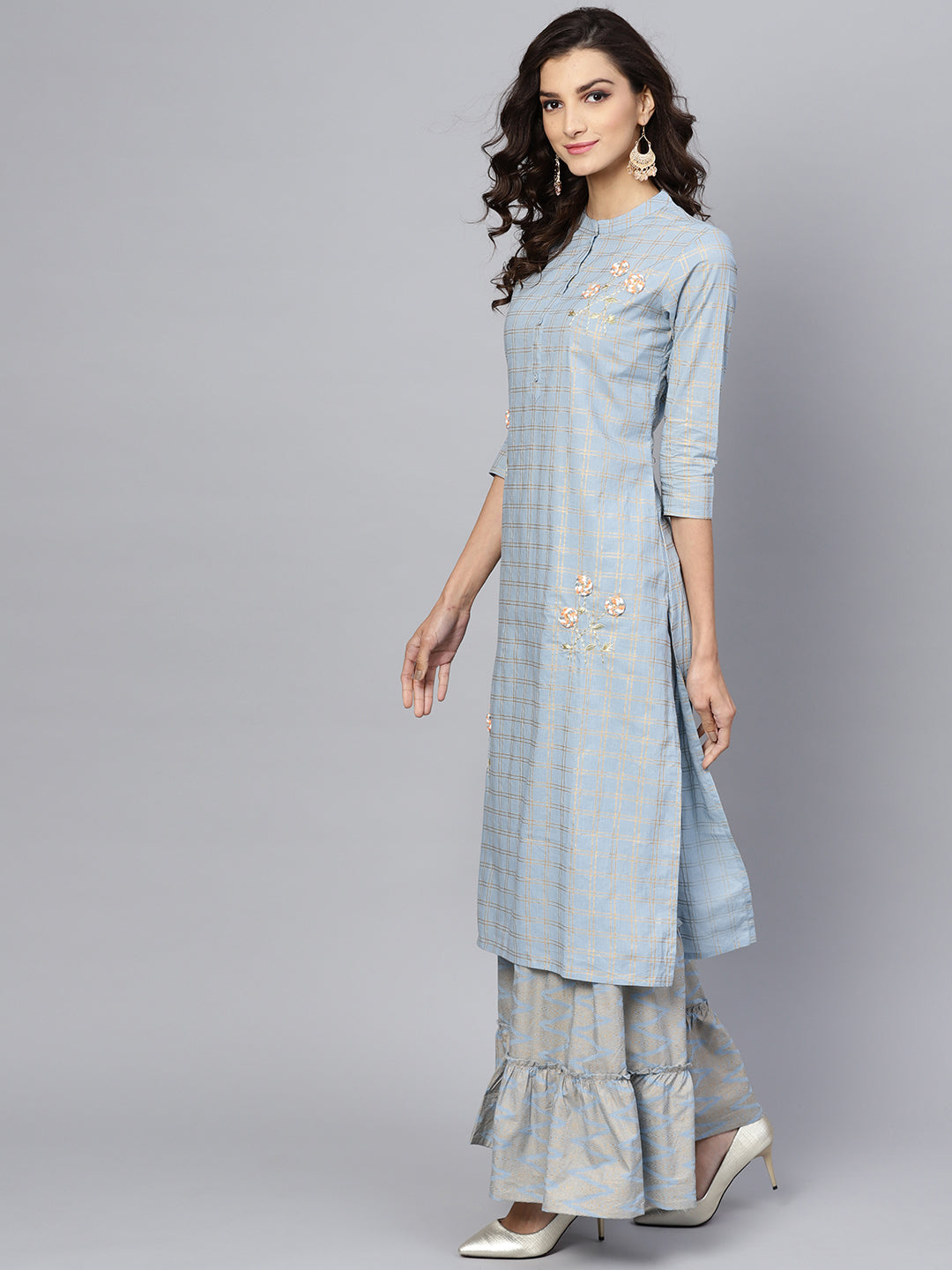 Ishin Women's Cotton Light Blue Embroidered A-Line Kurta Sharara Set