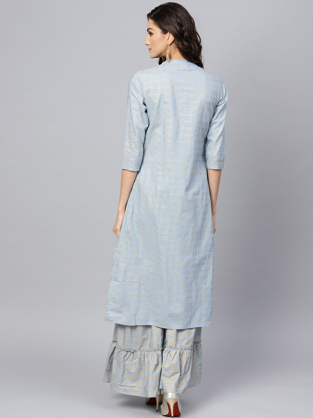 Ishin Women's Cotton Light Blue Embroidered A-Line Kurta Sharara Set