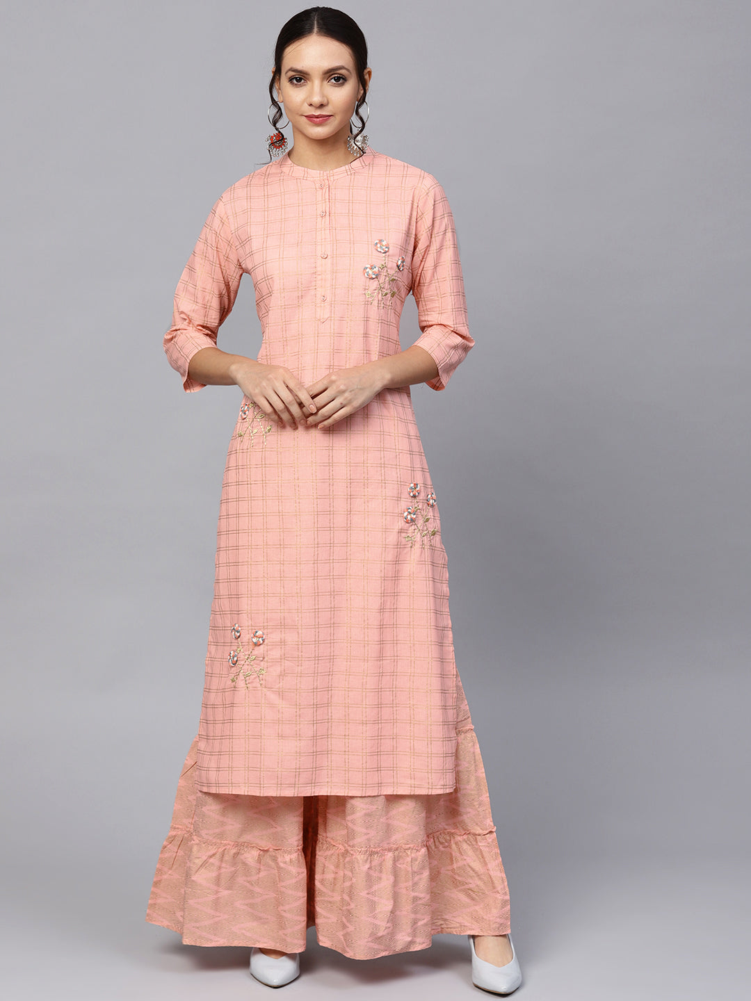 Ishin Women's Cotton Peach Embroidered A Line Kurta Sharara Set