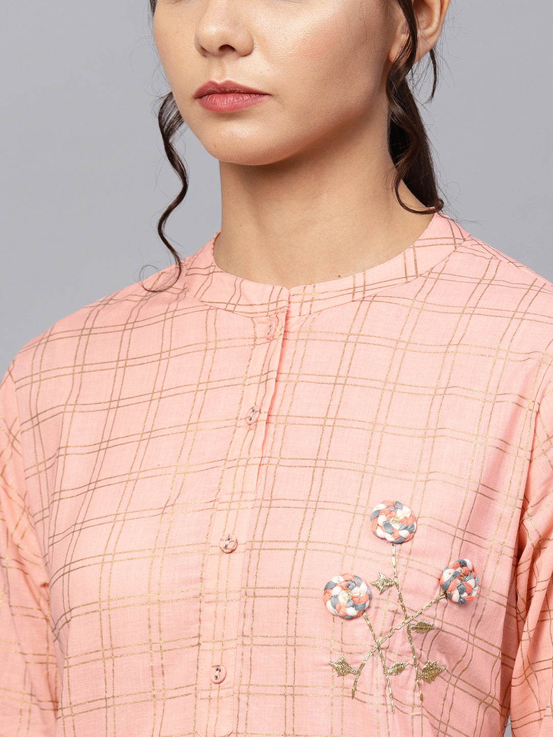 Ishin Women's Cotton Peach Embroidered A Line Kurta Sharara Set
