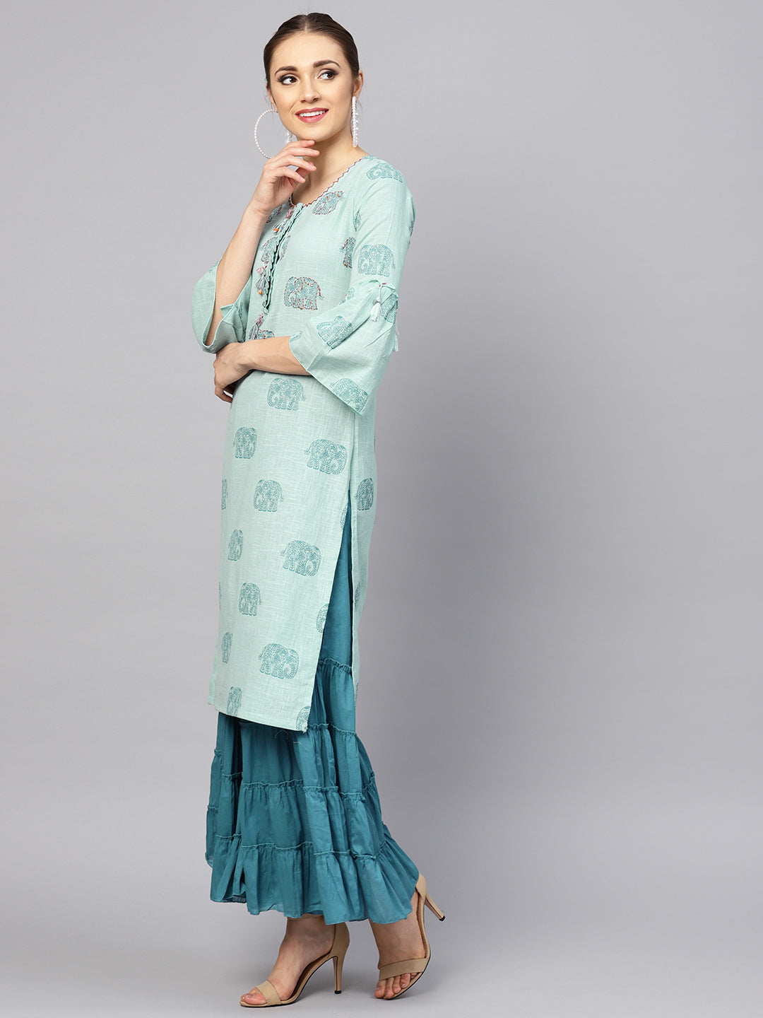 Ishin Women's Cotton Blue Embroidered A-Line Kurta Sharara Set
