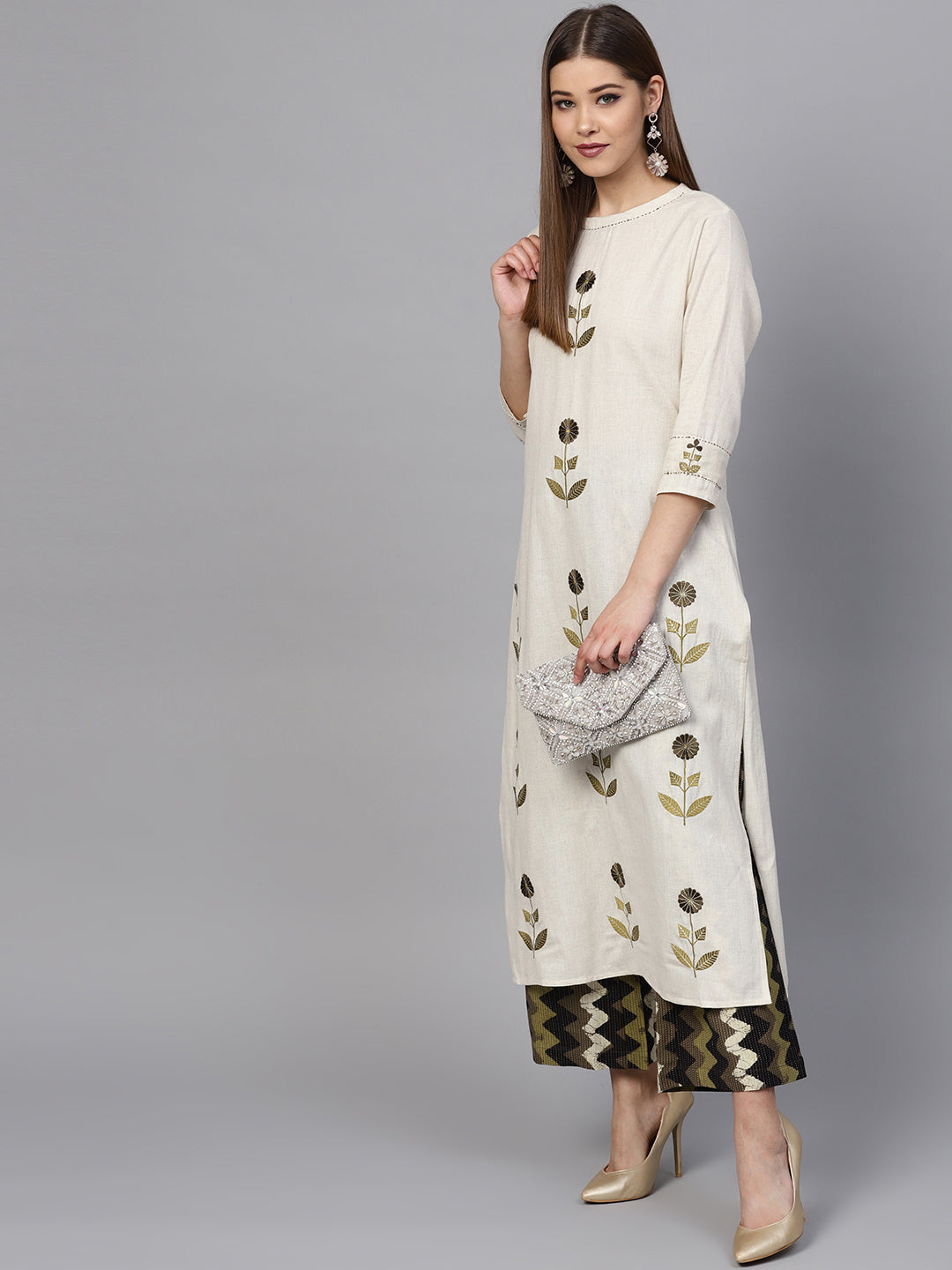 Ishin Women's Cotton Off White & Green Embroidered A-Line Kurta Palazzo Set
